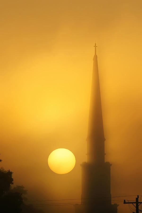 Steeple In Fog At Sunrise Photograph by Alex Grichenko