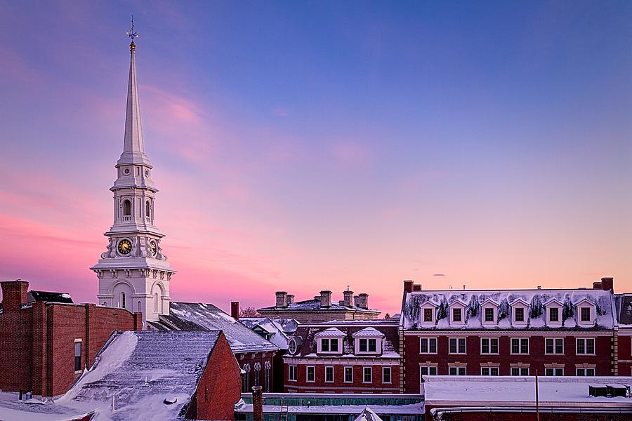 Steeple Over Snow Covered Roof Tops Portsmouth NH Photograph by Jeff Sinon