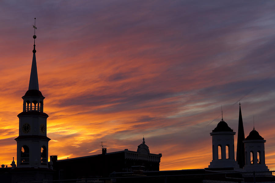 Steeple Silhouettes Against a Blazing Orange Sunset Photograph by WilliamSherman