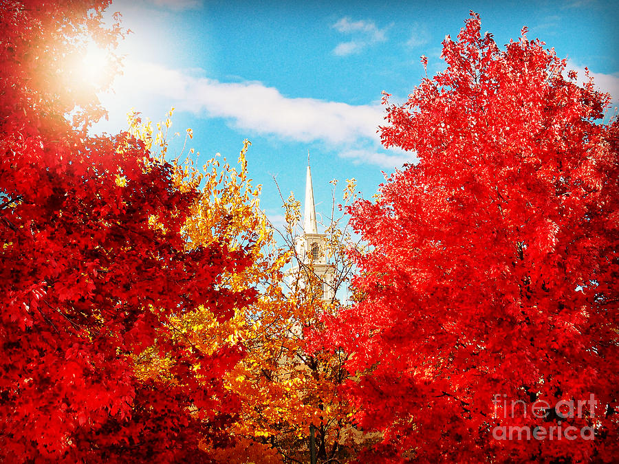 Steeple with Red and Yellow Autumn Trees Photograph by Miriam Danar