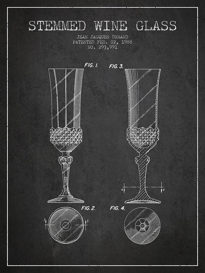 Wine Digital Art - Stemmed Wine Glass Patent from 1988 - Charcoal by Aged Pixel
