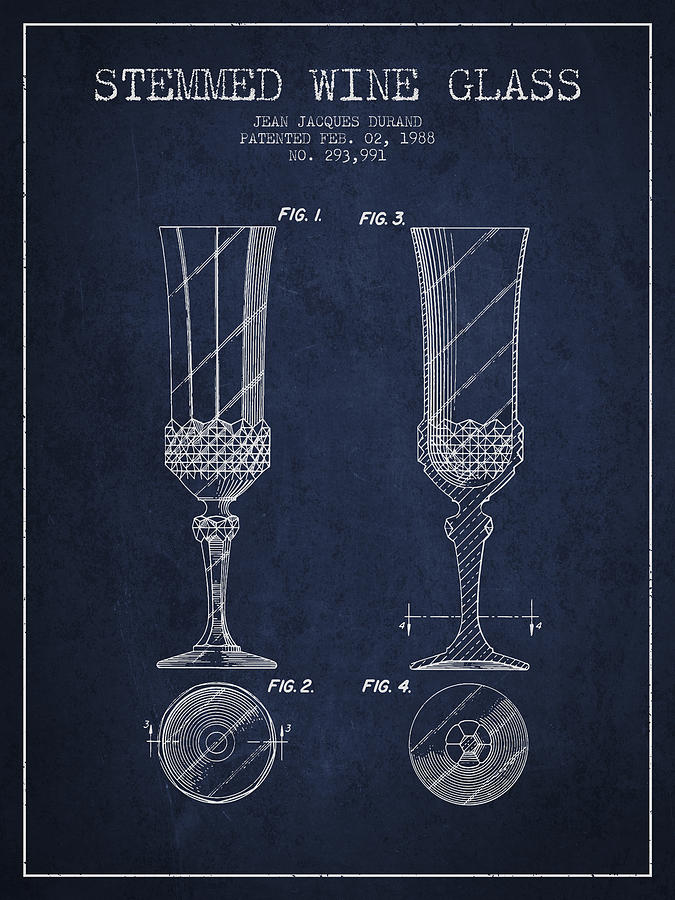 Stemmed Wine Glass Patent From 1988 - Navy Blue Digital Art