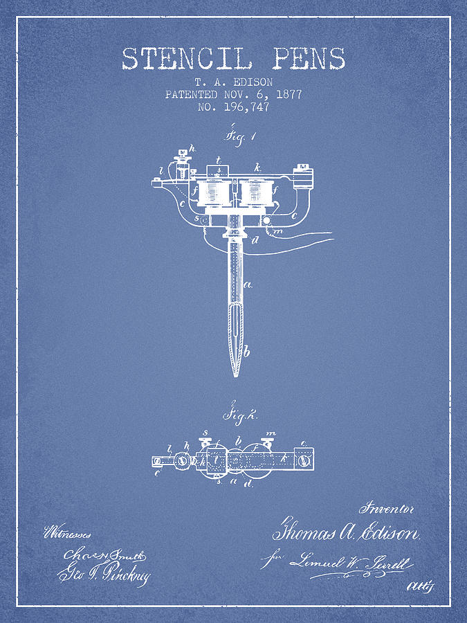 Vintage Digital Art - Stencil Pen Patent from 1877 - Light Blue by Aged Pixel