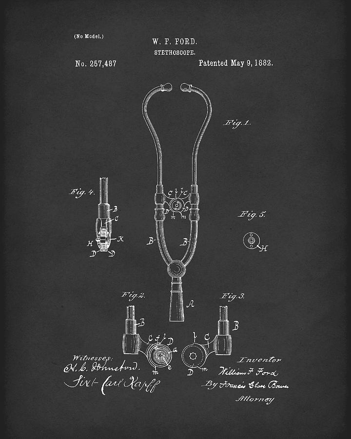 Stethoscope 1882 Patent Art Black Drawing by Prior Art Design