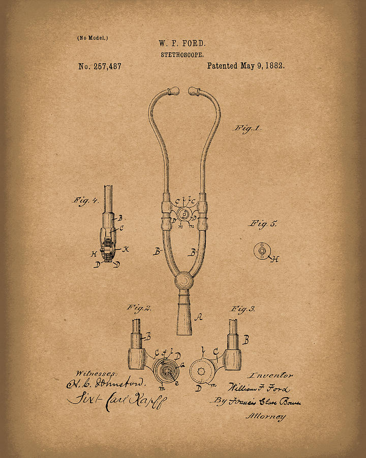 Stethoscope 1882 Patent Art Brown Drawing by Prior Art Design