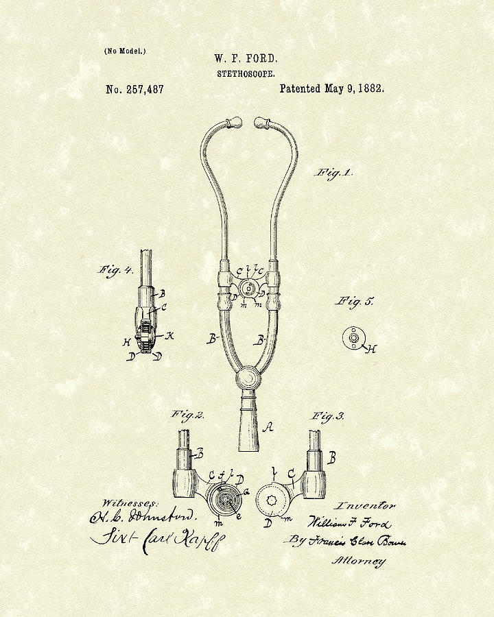 Stethoscope 1882 Patent Art Drawing by Prior Art Design