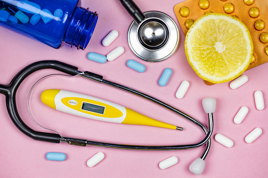 Stethoscope, Capsules and pills and Digital medical thermometer. Medical concept Photograph by Mikroman6