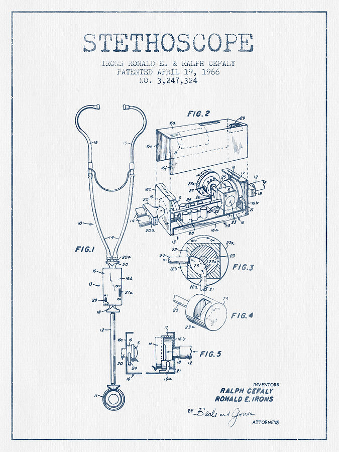Vintage Digital Art - Stethoscope Patent Drawing From 1966 - Blue Ink by Aged Pixel