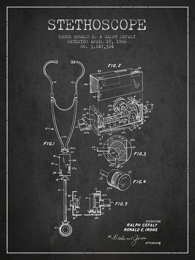 Stethoscope Patent Drawing From 1966- Dark Digital Art