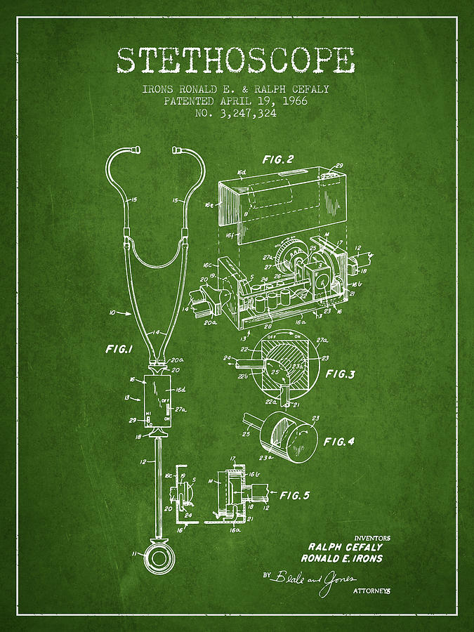 Vintage Digital Art - Stethoscope Patent Drawing From 1966- Green by Aged Pixel