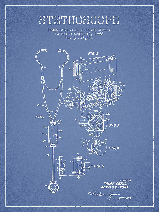Vintage Digital Art - Stethoscope Patent Drawing From 1966- Light Blue by Aged Pixel
