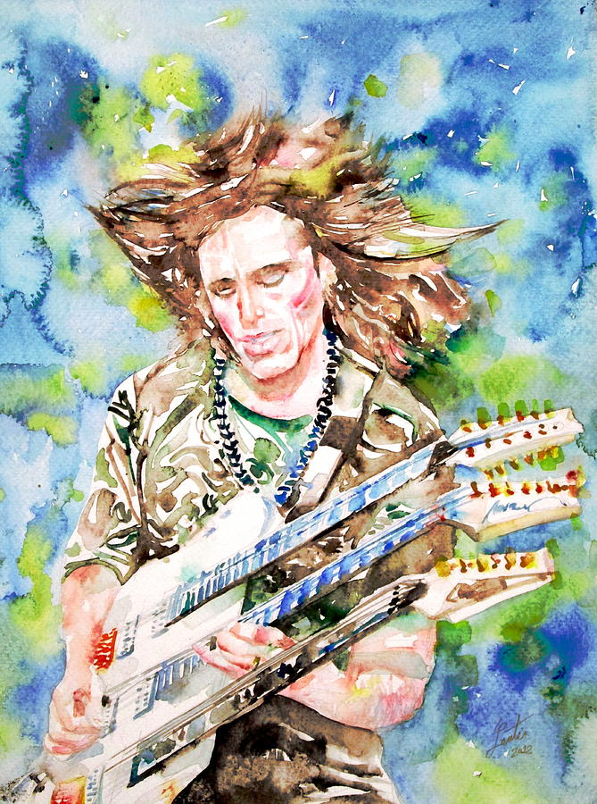 Steve Vai Playing The Guitar Watercolor Portrait Painting By Fabrizio