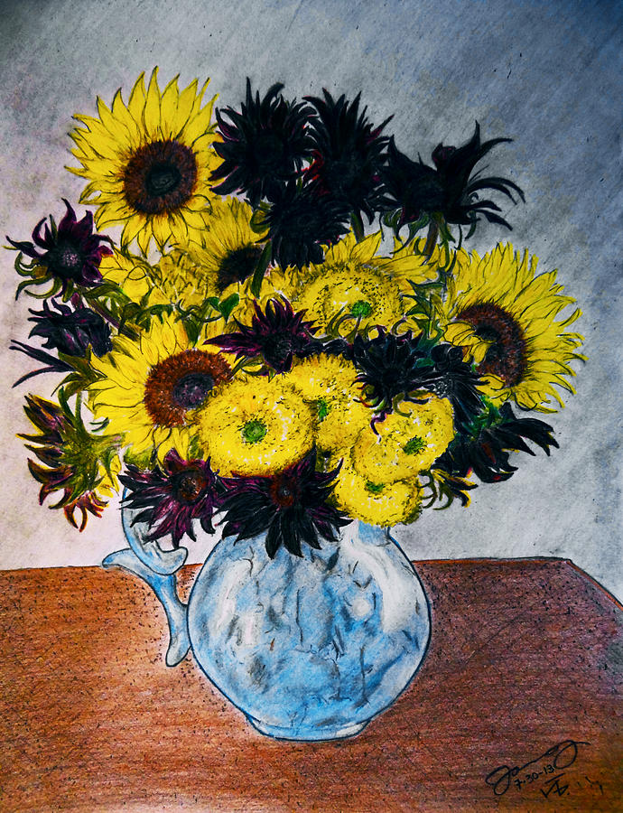 Still Life 28 Sunflowers In Blue Porcelain Pitcher Drawing