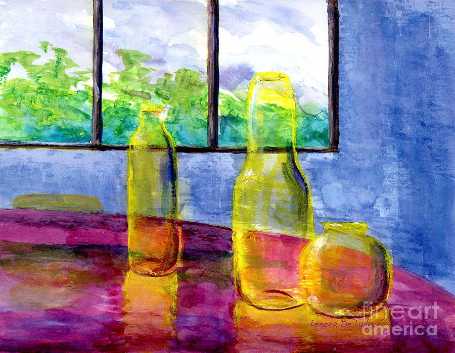 Still Life Art Bright Yellow Bottles and Blue Wall Painting by Lenora  De Lude