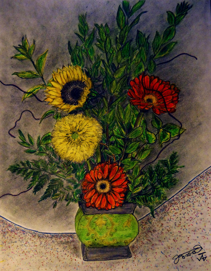 Still Life Ceramic Vase With Two Gerbera Daisy And Two Sunflowers Drawing