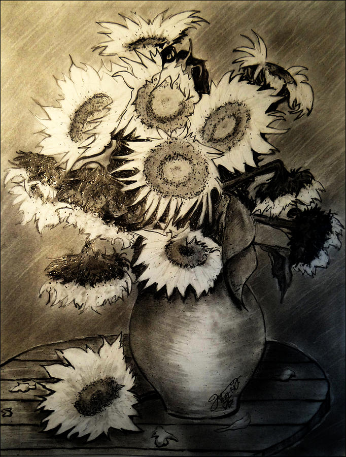 Vincent Van Gogh Drawing - Still Life - Clay Vase with 13 Sunflowers by Jose A Gonzalez Jr