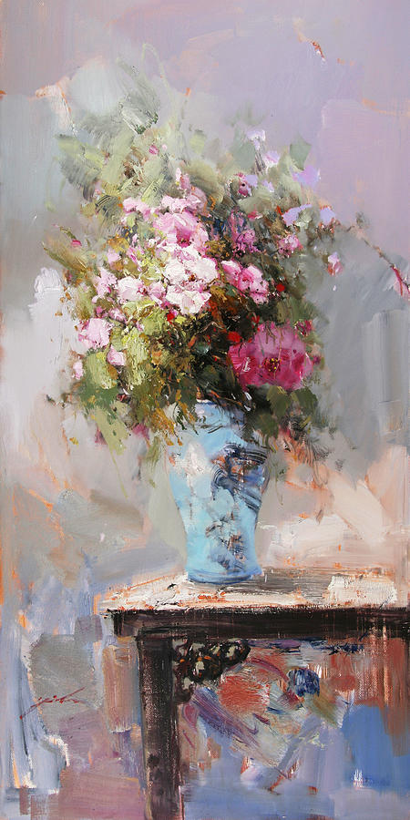 Still Life Flower Of Pink And Red In Blue China Painting By George Lee 