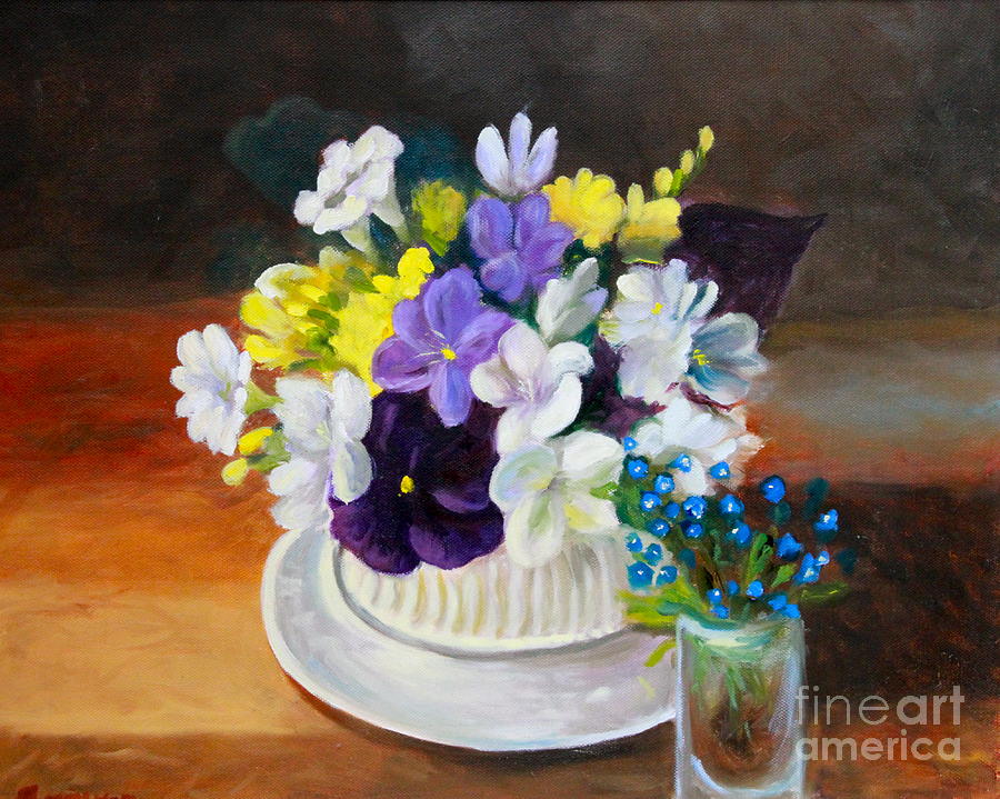 Bunch Of Flowers Painting - Still Life Freesias and Pansies by Sherrill McCall