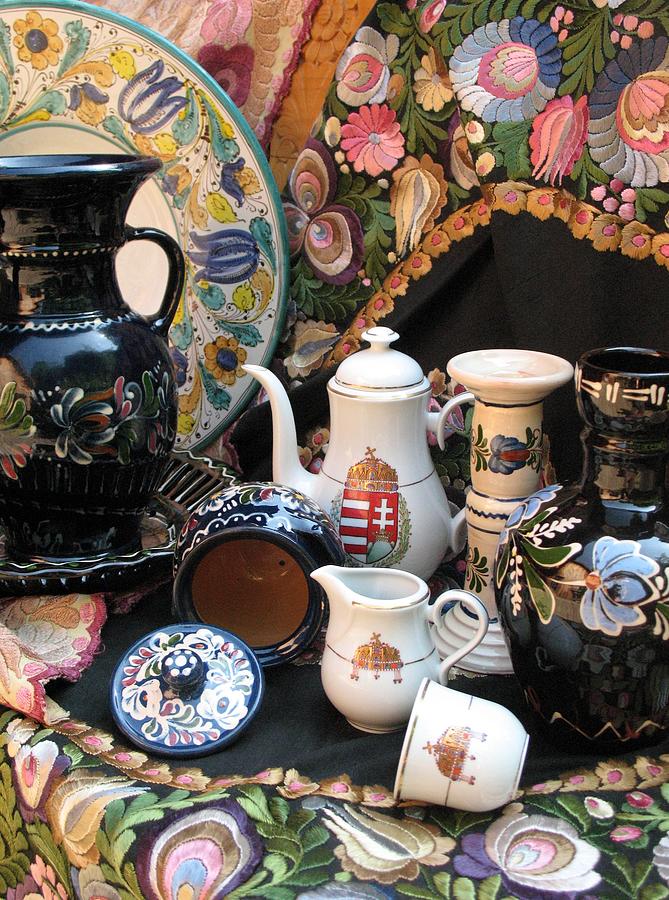 Still life Hungarian embroidery pottery fine china Magyar Applied Arts Photograph by Andrea Lazar