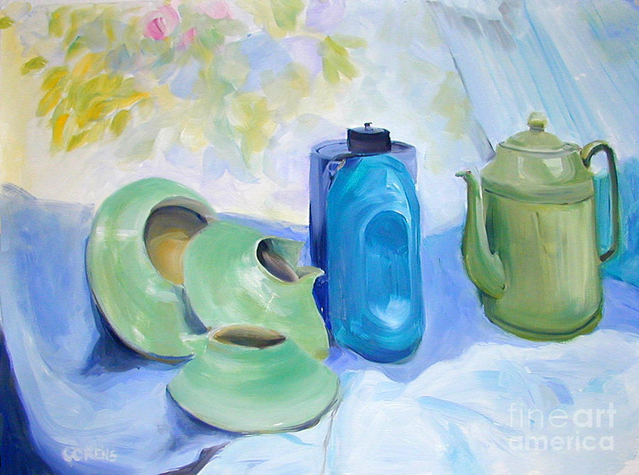 Oil Painting Still Life Study of Blue and Green Pottery Painting by Greta Corens