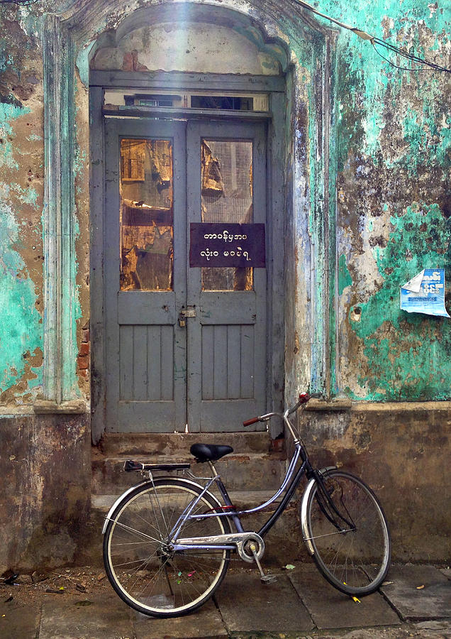 Still Life Photograph - Still Life Of A Fading Colonial Facade With Bicycle Parked Central Yangon Myanmar by PIXELS  XPOSED Ralph A Ledergerber Photography