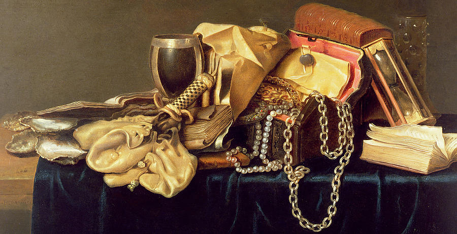 Still Life Painting - Still Life of a Jewellery Casket Books and Oysters by Andries Vermeulen