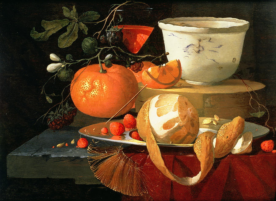 Fruit Photograph - Still Life Of An Orange, A Lemon And Strawberry On A Pewter Plate, A Wan-li Bowl by Elias van den Broeck