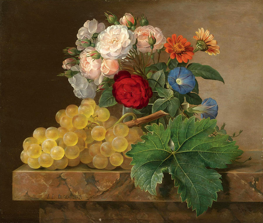 Still Life of Flowers and Grapes Painting by Johan Laurentz Jensen