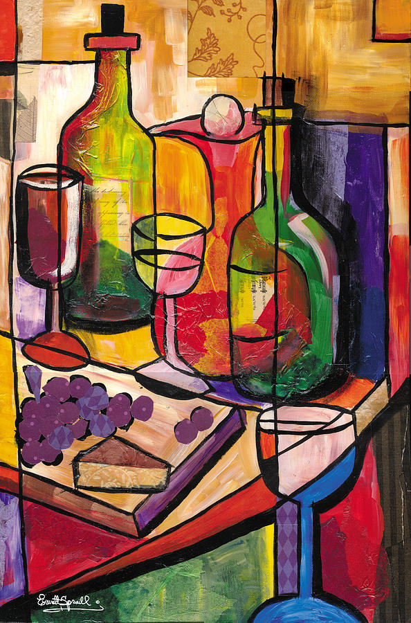 Still Life of Fruit Wine and Cheese Painting by Everett Spruill