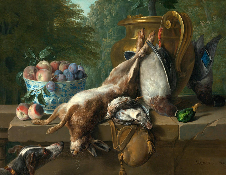 Still Life of Game with a Bowl of Plum and Peaches Painting by Alexandre-Francois Desportes