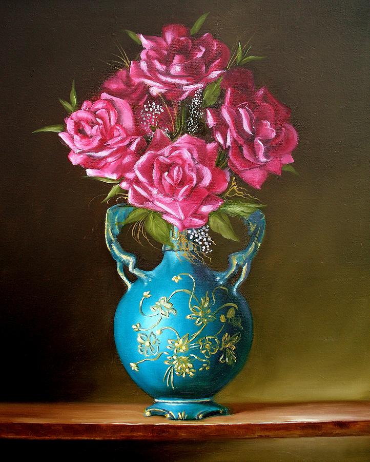 Still Life Of Roses In Blue Vase Painting by RB McGrath