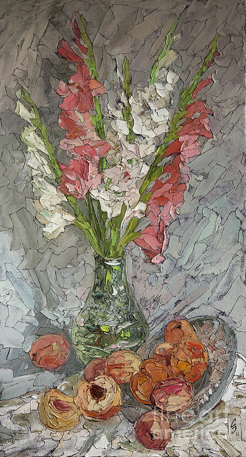 Still Life Painting - Still life of with peaches and gladioli by Sergey Sovkov
