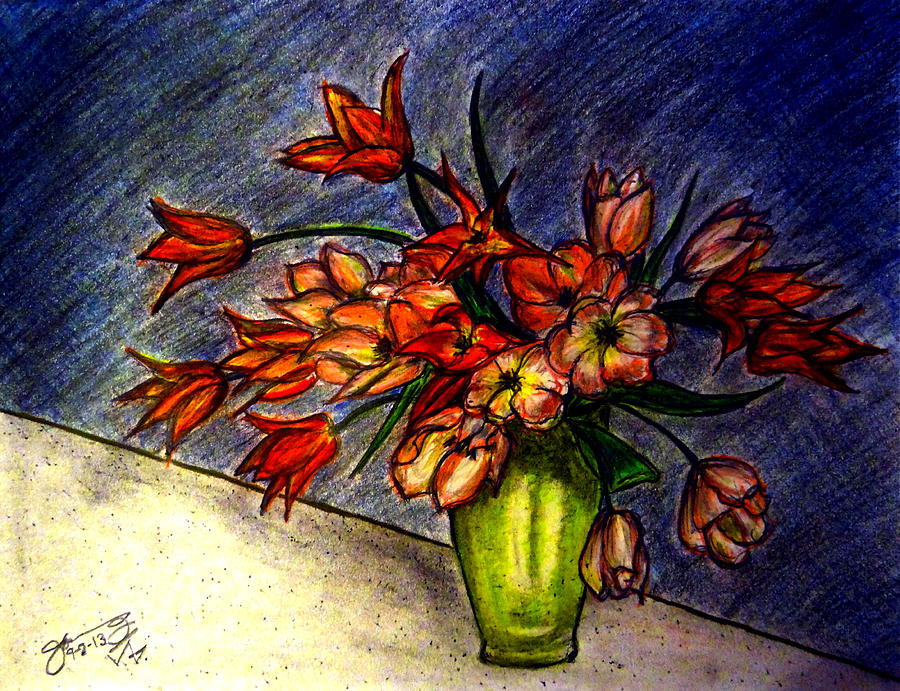 Still Life Vase With 21 Orange Tulips Drawing