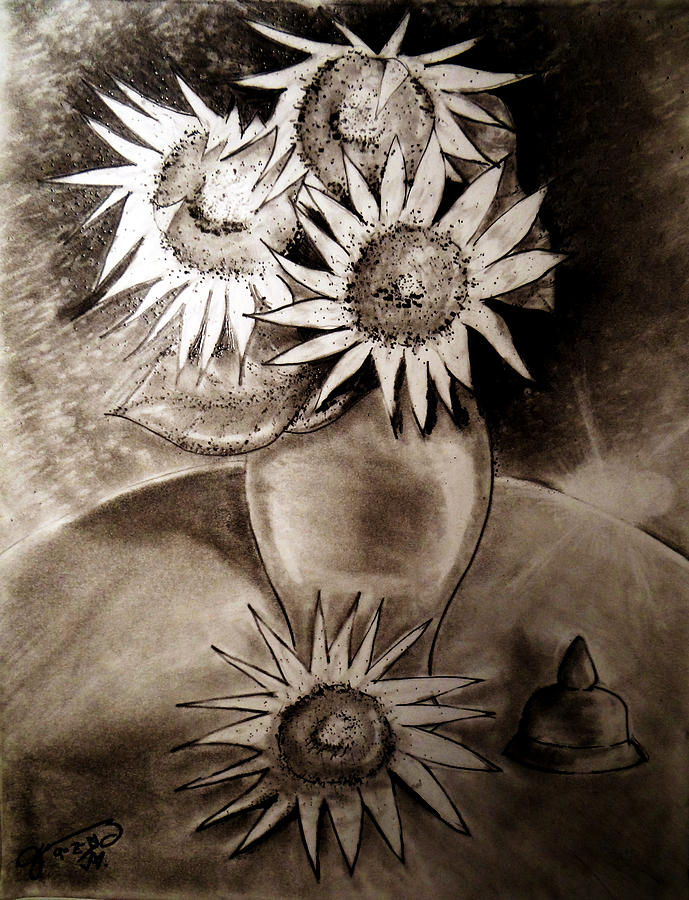 Still Life - Vase With Four Sunflowers Drawing