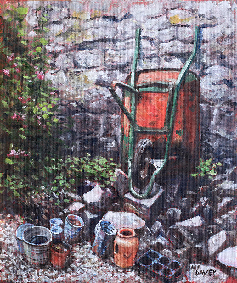Still Life Painting - Still life wheelbarrow with collection of pots by stone wall by Martin Davey