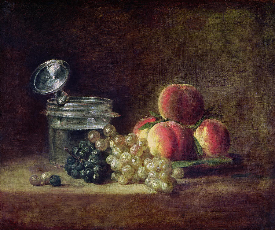 Peach Photograph - Still Life With A Basket Of Peaches, White And Black Grapes With Cooler And Wineglass, C.1759 Oil by Jean-Baptiste Simeon Chardin