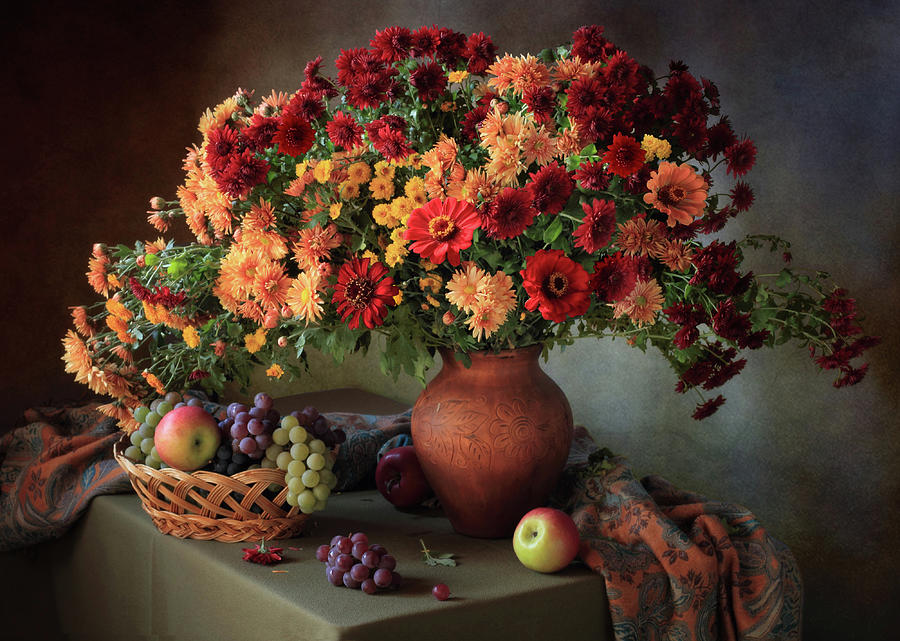 Still Life With A Bouquet Of Chrysanthemums And Fruit Photograph by ??????????? ??????????