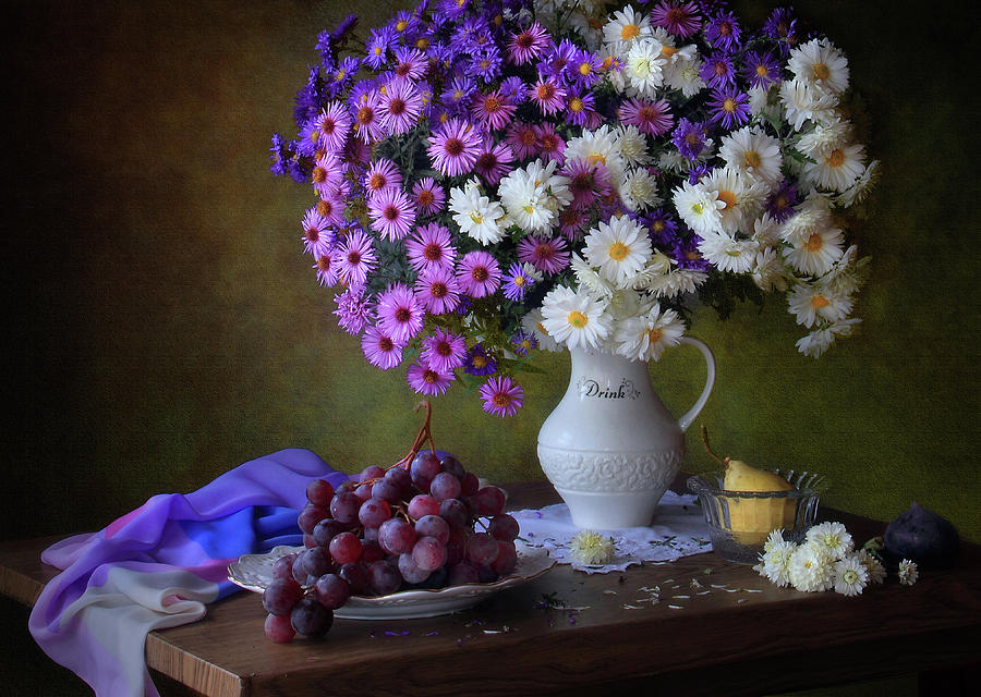 Flower Photograph - Still Life With A Bouquet Of Chrysanthemums And Grapes by ??????? ????????