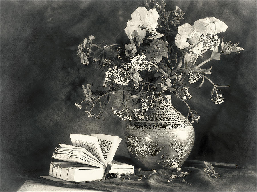 Still life with a bouquet of flowers and a book Photograph by Sviatlana Kandybovich