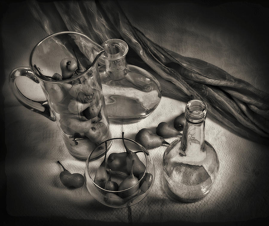 Still life with a few glass bottles and pears in a vase Photograph by Sviatlana Kandybovich