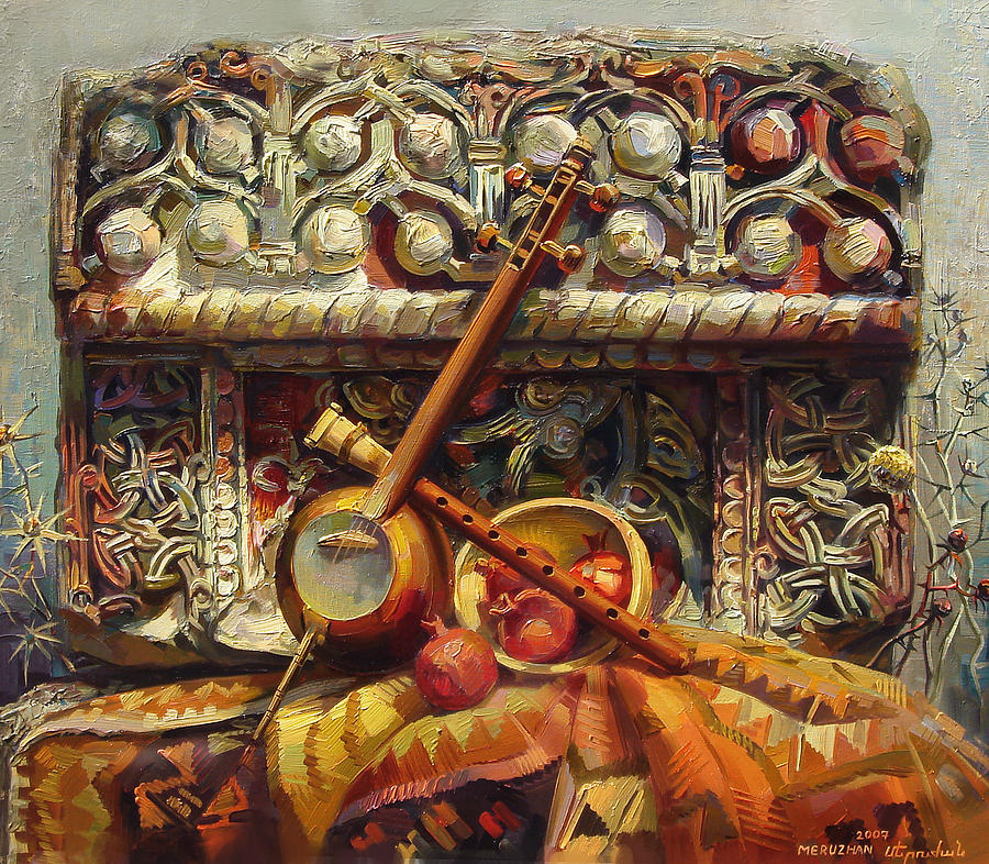 Still Life Painting - Still life with a fragment of khachkar and musical instruments cross stone by Meruzhan Khachatryan