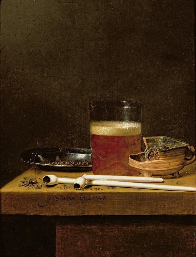Pipe Photograph - Still Life With A Glass Of Beer, Brazier And Clay Pipes Oil On Panel by Jan Jansz. van de Velde