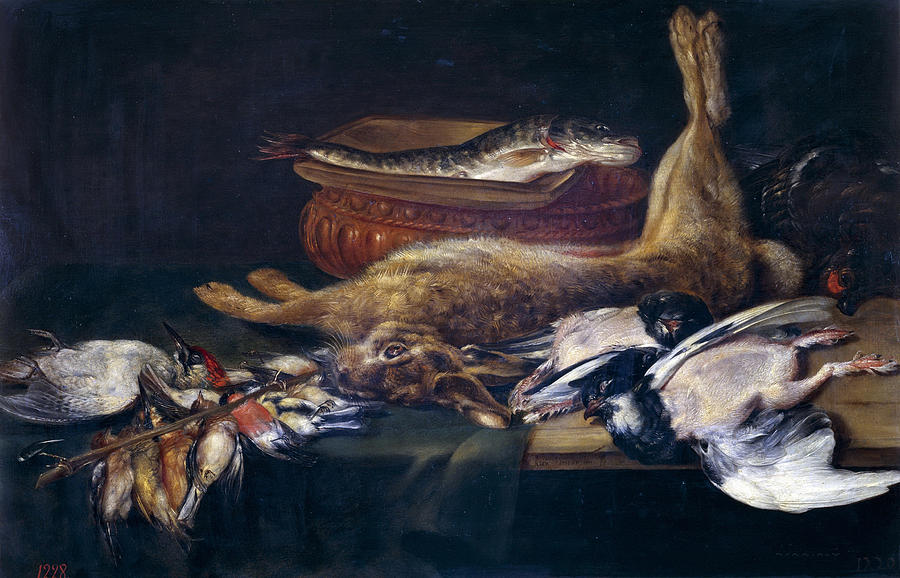 Still life with a hare fish and birds Painting by Alexander Adriaenssen