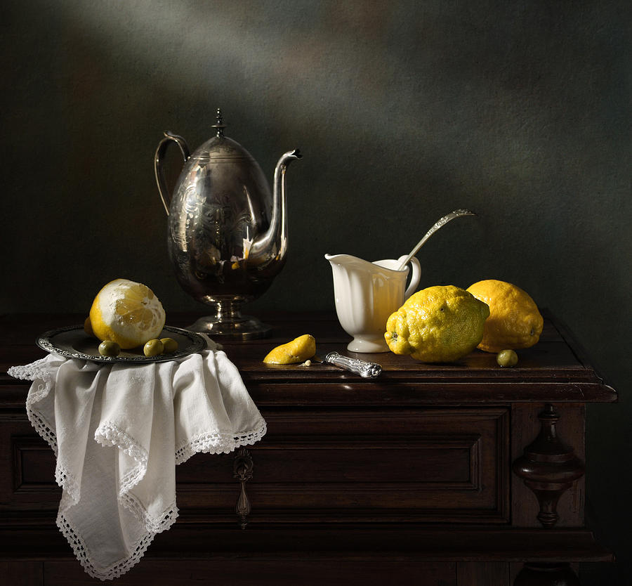 Still Life With A Silver Coffee Pot And Lemons Photograph by Diana Amelina