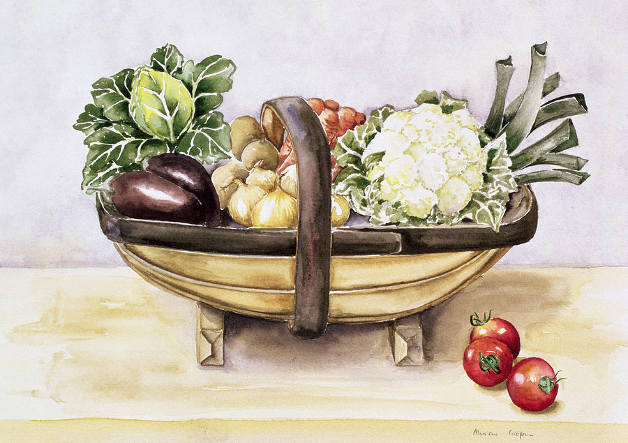 Still Life Painting - Still life with a trug of vegetables by Alison Cooper