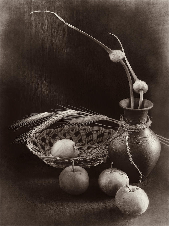 Still life with apples and garlic Photograph by Sviatlana Kandybovich