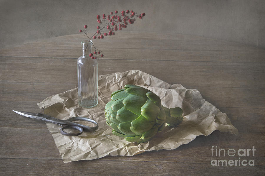 Artichoke Photograph - Still life with artichoke and red berries by Elena Nosyreva