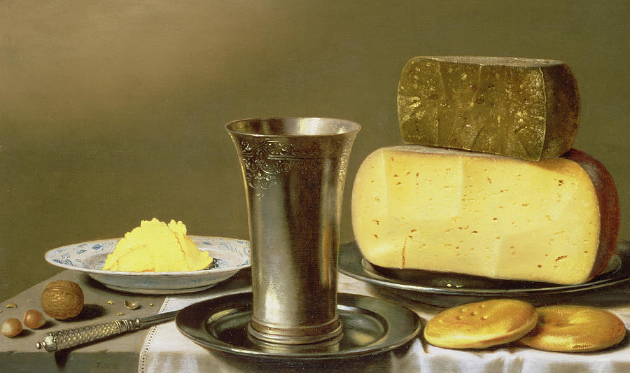 Cheese Painting - Still life with Beaker Cheese Butter and Biscuits by Floris van Schooten