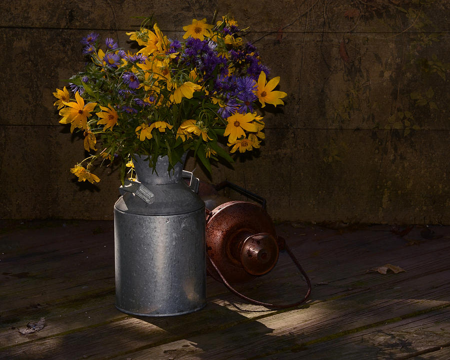 Still Life with Blue and Yellow Flowers Photograph by Ann Bridges