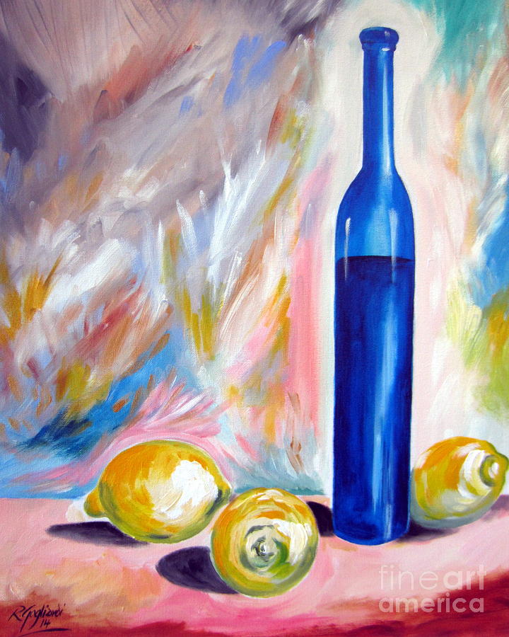 Still Life with Blue Bottle and three lemons Painting by Roberto Gagliardi